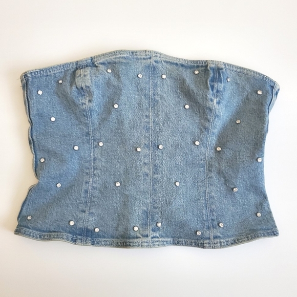 Zara Denim Top Jewel Corset Rhinestone size S - Picture 5 of 12